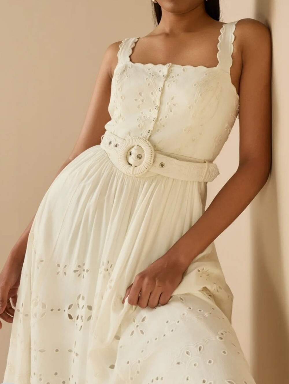 Hemant & Nandita Adya Long Scallop-Edge Off White Eyelet Sundress w/ Belt NWT